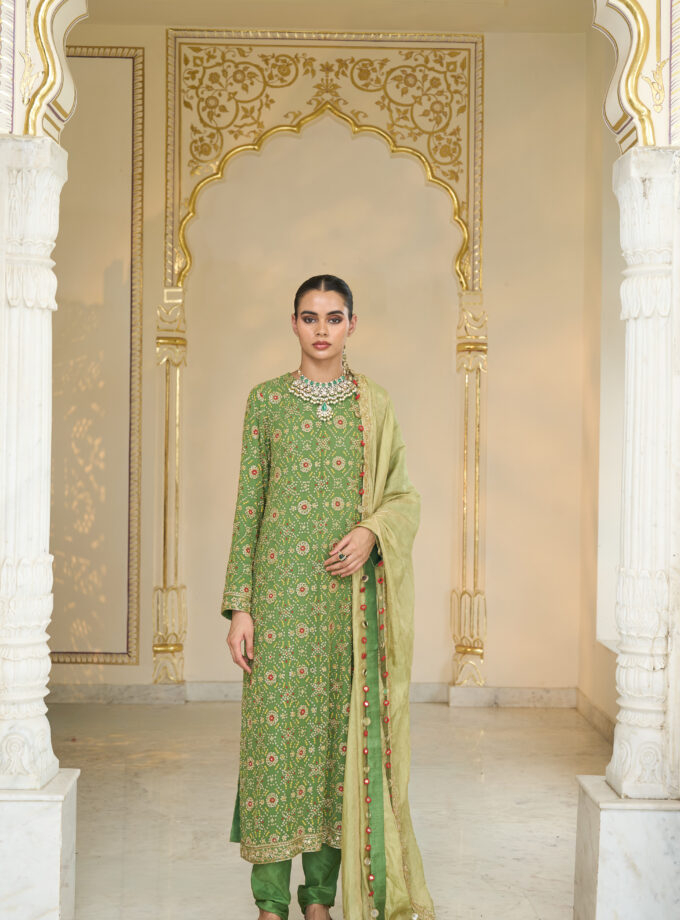 Warm olive hand embroidered short star kurta & sharara set