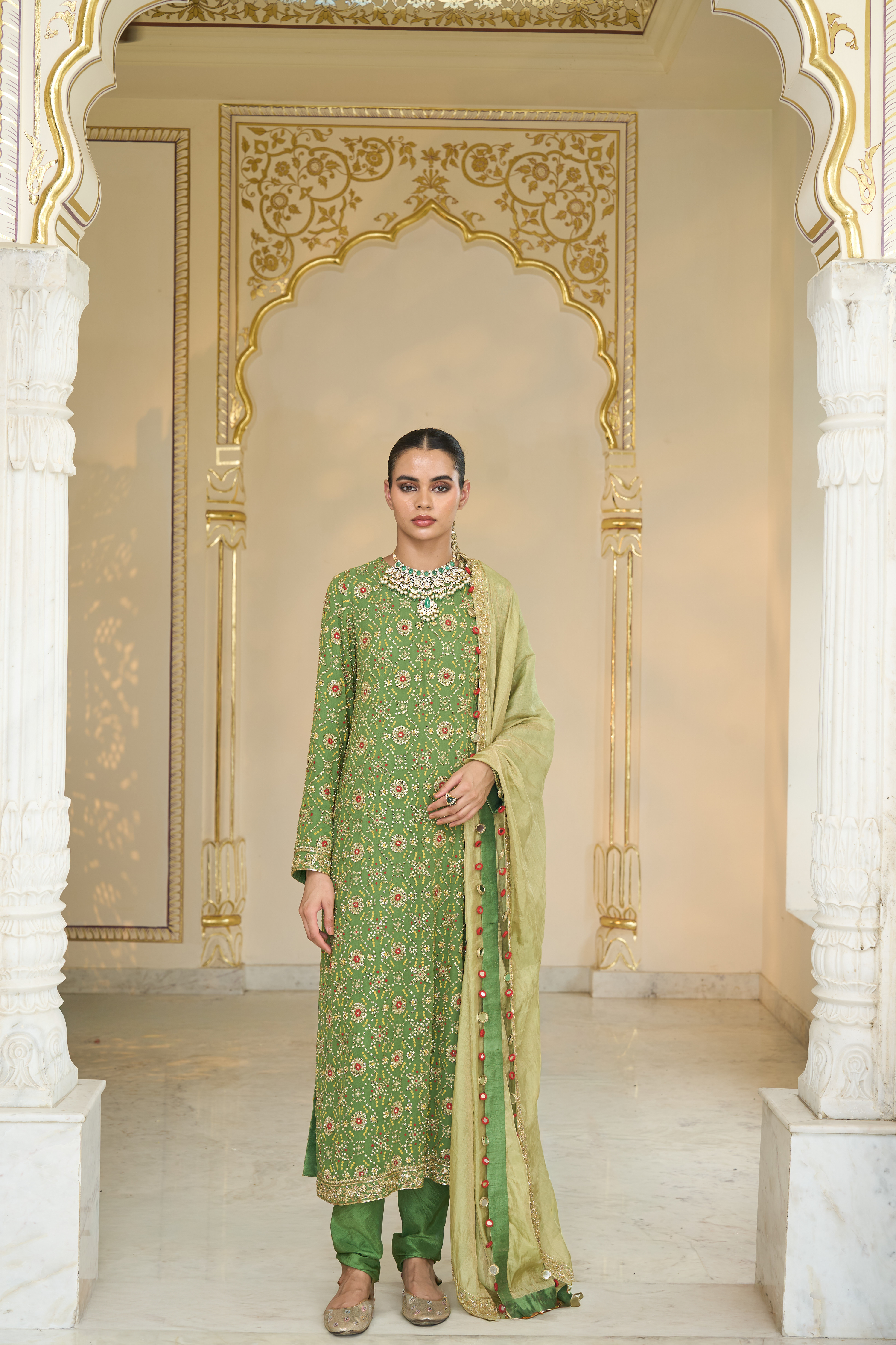 Warm olive hand embroidered short star kurta & sharara set