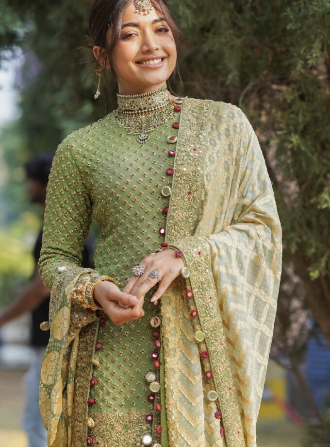 Warm olive hand embroidered short star kurta & sharara set